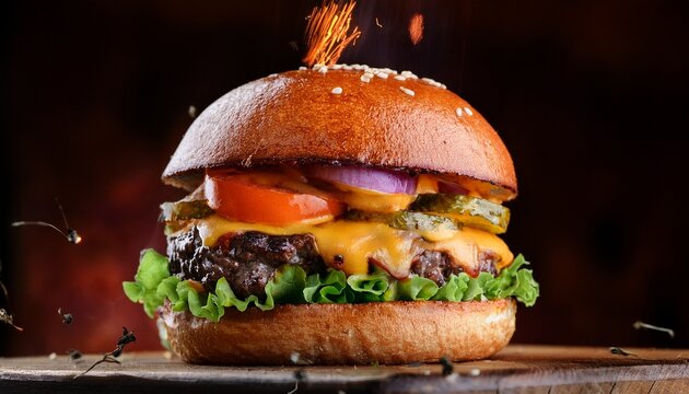 closeup of a juicy burger being assembled