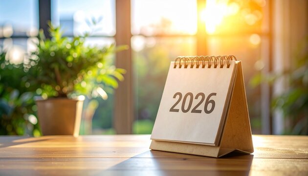 Close-up of 2026 desk calendar on wooden table with soft light and clean workspace. Perfect concept for planning, schedule, or time management design.