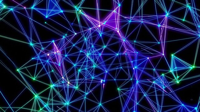 Interconnected neon nodes forming network across black field, glowing lines and pulsing connection points in green blue and purple, simulated data flow, tech visualization, immersive digital topology