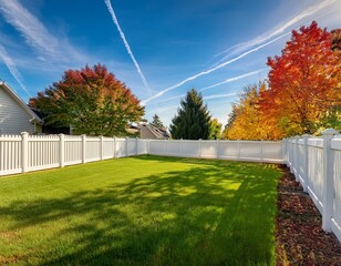 a white vinyl fence encloses a backyard with a green lawn and colorful trees under a blue sky