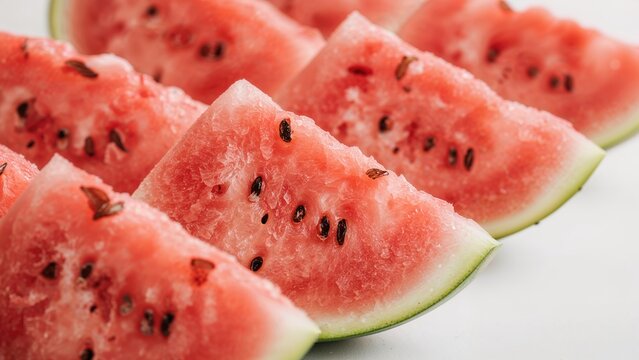 Slices of watermelon with black seeds. Juicy and refreshing fruit. Summer fruit. Fresh watermelon slices.