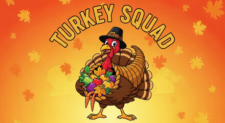Cartoon turkey wearing hat, holding basket with fruit, vegetables, leaves. Thanksgiving symbol of harvest, abundance, celebration, holiday concept