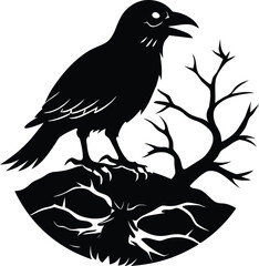 Black bird with tree silhouette illustration 
