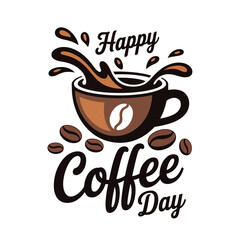 Obraz premium Happy Coffee Day celebration with a splashing cup and coffee beans.