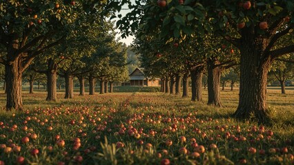 An orchard with fruit trees and fallen apples on the ground during daytime. Rows of trees and a small house in the background.
