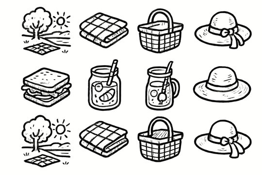 Icon picnic relaxation set folded cloth lemonade sandwich basket sunhat vector weekend