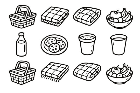 Bottle cup icon blanket vector cookies picnic bowl fruit icons essentials paper