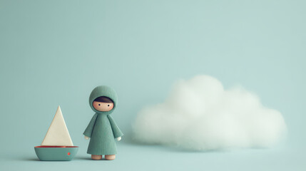 child with toy ship gazes dreamily against light blue background filled with hopes of adventures
