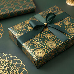Gold foil pattern with geometric ornaments on dark forest green, luxury gift wrap.