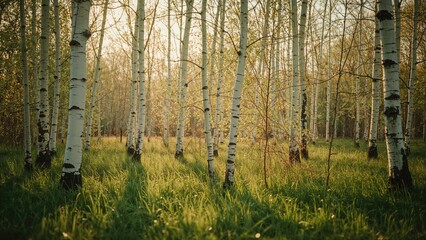 Birch forest in autumn with sunlight filtering through trees and green grass on the ground. Forest landscape and nature scene.