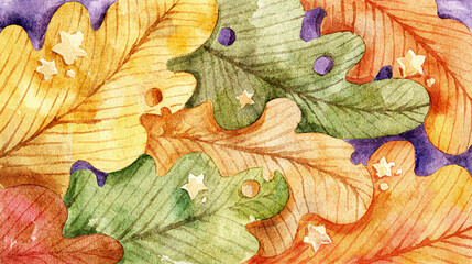 Seamless watercolor pattern with colorful autumn oak leaves. Hand painted fall design for fabric, wrapping, and seasonal decoration.