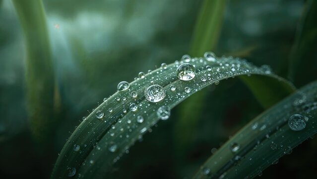 Close-up of dew drops on green grass blade, natural outdoor shot, fresh morning atmosphere.
