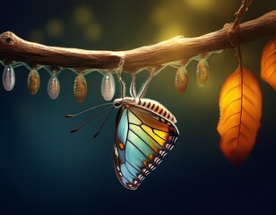 butterfly emerging from chrysalis on branch