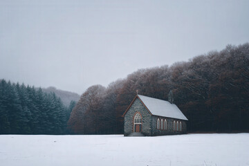 stunning stone church stands alone in snowy field surrounded by frostcoated trees under gloomy sky
