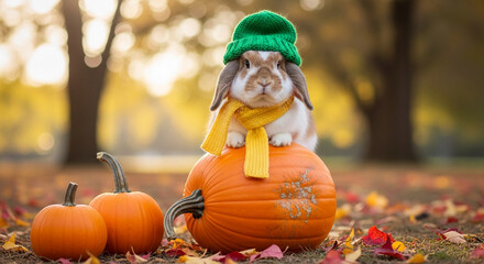 Rabbit sits on orange pumpkin, wearing green hat and yellow scarf, surrounded by autumn leaves, representing harvest and festive autumn spirit