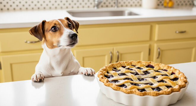 Brown and white dog looking at fruit pie on counter, evoking anticipation, longing, and domestic scenes, suitable for food, pet, or home themes