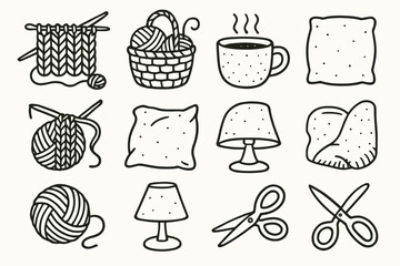 Vector pillow icons setup basket yarn icon lamp scissors cozy knitting mug
