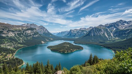 Naklejka premium Panoramic view of a mountain lake with surrounding forested mountains and a clear blue sky with clouds.