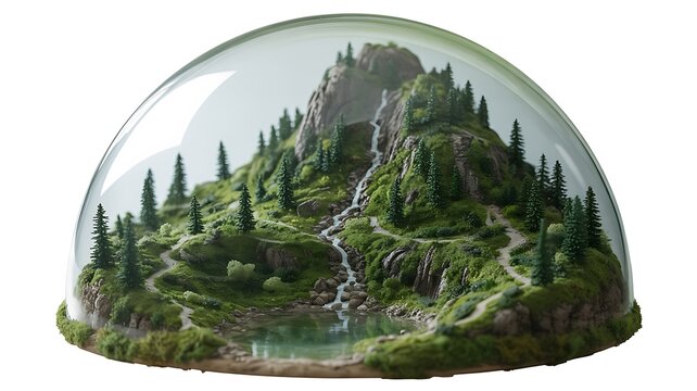 Miniature terrarium landscape under glass dome with waterfall. - Powered by Adobe