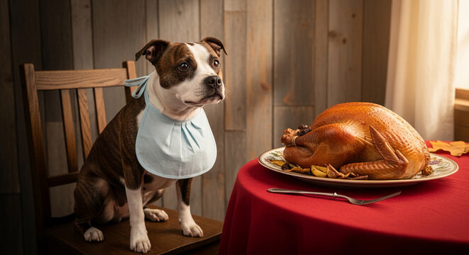 Dog with bib on chair looking at roasted turkey, represents holiday celebration, family meal, or pet anticipation for food. Light wood backdrop
