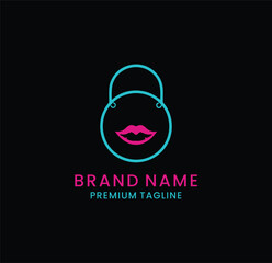 Modern fashion logo with lips and handbag icon, perfect for beauty, makeup, or boutique brands.