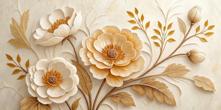 Fototapeta Elegant beige floral arrangement with blossoming flowers and leaves