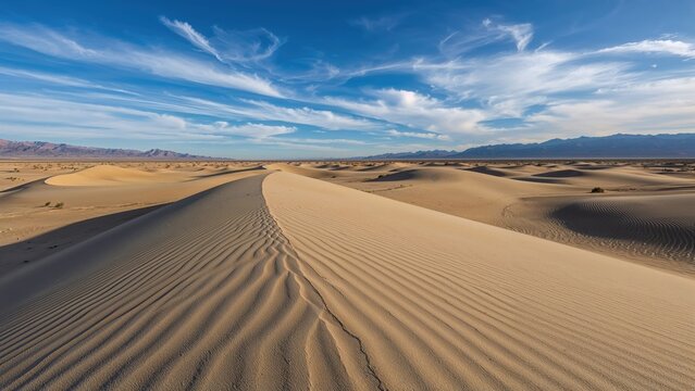 Desert landscape with sand dunes and sky, showing wind-shaped patterns and distant mountains. - Powered by Adobe