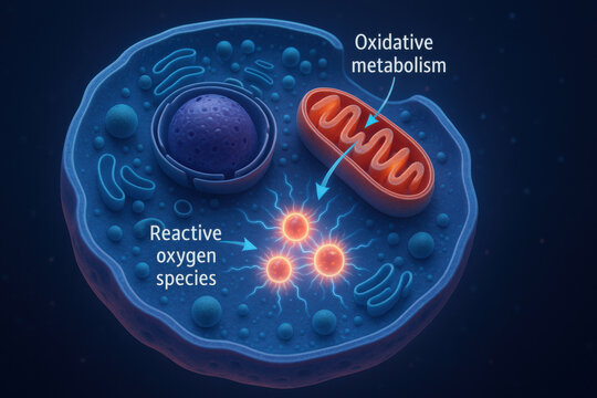 D cell cross section showing reactive oxygen species generation from oxidative metabolism. This intricate visualization shows mitochondria energy process, key part of biochemistry
