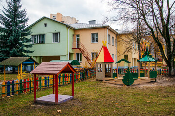 an empty playground in a kindergarten in Vitebsk in autumn