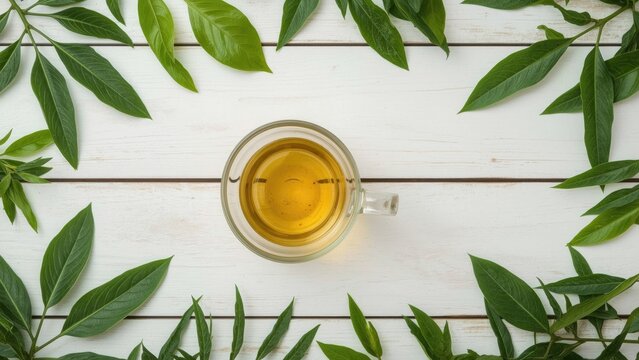 A cup of tea or herbal infusion placed on a white wooden surface surrounded by green leaves.