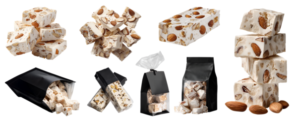 Set of classic almond nuts Nougat, sweet confection paste chewy hard candy, black packaging, pile stack broken cube bar, transparent cutout PNG. Many different Mockup template design.	