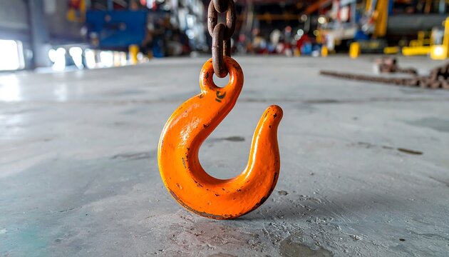 Close-up of an orange industrial hook, hanging from a chain