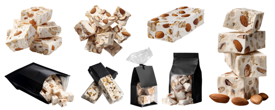 Set of classic almond nuts Nougat, sweet confection paste chewy hard candy, black packaging, pile stack broken cube bar, transparent cutout PNG. Many different Mockup template design.	