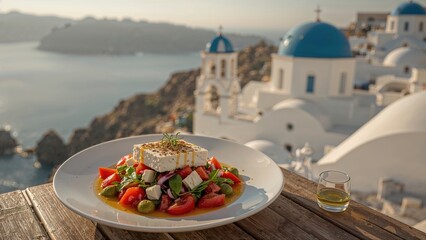 Plate of fresh salad with tofu on a wooden table overlooking white buildings with blue domes on a hillside. Romantic outdoor dining, Greece, Santorini, travel, cuisine, Mediterranean.