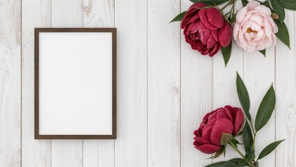 Empty frame with pink and red peonies on a white wooden background.