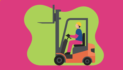 Worker driving forklift Industrial logistics warehouse labor and transportation concept illustration
