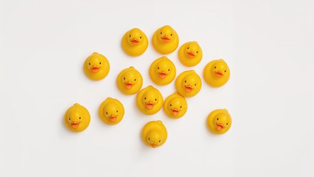Group of yellow rubber duckies on white background. Fun and playful, water toy, bath accessory, or novelty item. The concept of childhood and playfulness. - Powered by Adobe