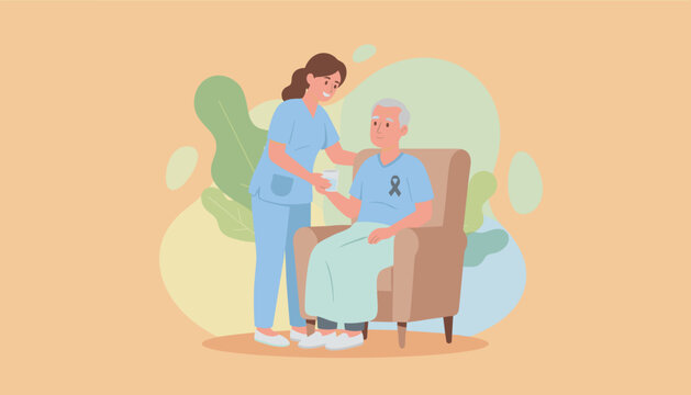 Professional caregiver tending to senior patient seated in a chair Compassionate elder care support - Powered by Adobe