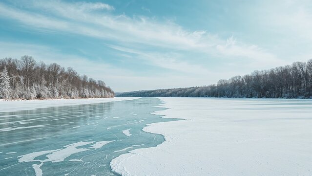 A frozen river landscape with snow-covered banks and partly icy water under a blue sky. - Powered by Adobe