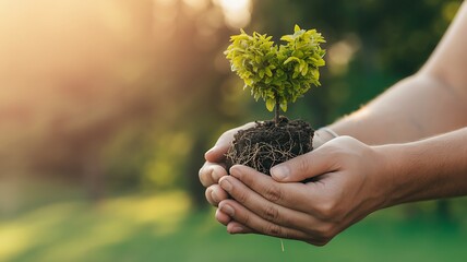 Hands gently holding a young heart-shaped tree seedling with exposed roots in soft sunlight plant
