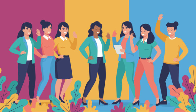 Diverse team of professionals smiling and waving Collaboration welcome and global business concept illustration