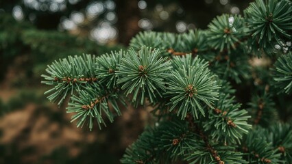 Pine tree branches with green needles in a natural outdoor setting.