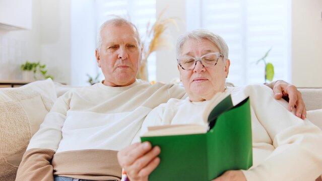Elderly couple reading a book together at home during the Christmas season