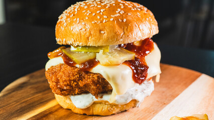 Korean fried chicken katsu burger with panko-crusted thigh, brioche bun, special sauces, pickles, and cheese. Crispy, juicy, and packed with flavor. Asian fusion delight.
