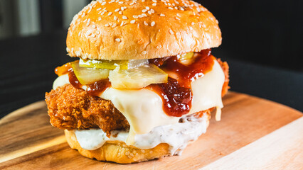 Korean fried chicken katsu burger with panko-crusted thigh, brioche bun, special sauces, pickles, and cheese. Crispy, juicy, and packed with flavor. Asian fusion delight.