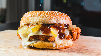 Korean fried chicken katsu burger with panko-crusted thigh, brioche bun, special sauces, pickles, and cheese. Crispy, juicy, and packed with flavor. Asian fusion delight.