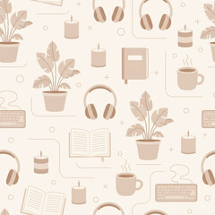 Soft beige seamless pattern with plants, candles, coffee, headphones, books, and keyboards. Calm cozy home office aesthetic ideal for stationery and textiles. Vector illustration