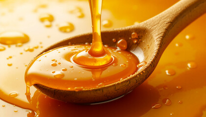 Rich golden caramel sauce being poured into a wooden spoon with droplets