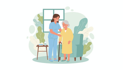 Caregiver assisting senior woman with walking and home healthcare support