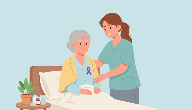 Caregiver supports elderly patient with purple awareness ribbon in bed Medical support and compassion